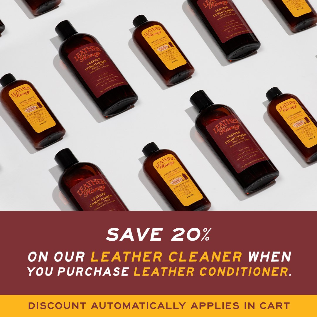 Graphic image of how you can save 20% on your leather cleaner when you purchase the leather honey leather conditioner - the discount automatically applies in cart.