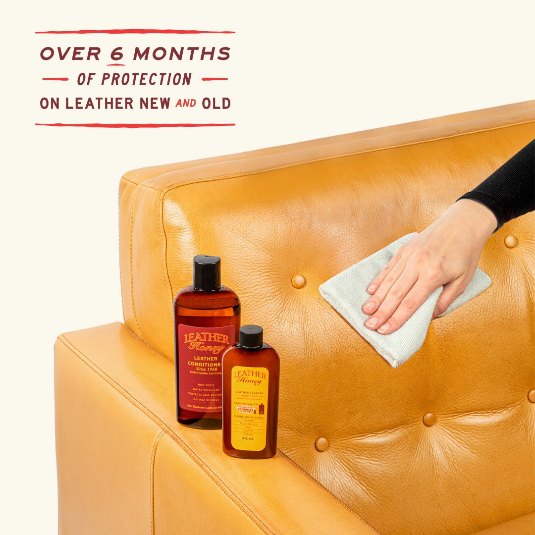 Image of a tan leather couch being restored with leather honey leather cleaner and leather conditioner with a lint-free cloth that offers over 6 months of protection on new and old leather.
