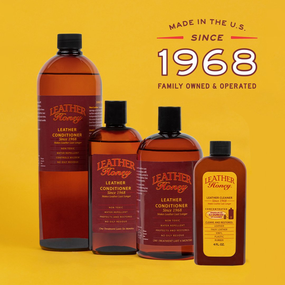 Grouping of Leather Honey leather cleaner and various sizes of the leather honey conditioner with the caption Made in the U.S. since 1968, family owned and operated.