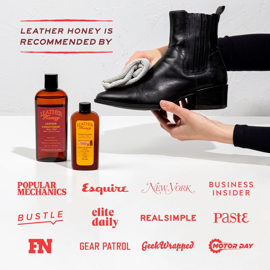 Black boot that has been cleaned and conditioned with leather honey leather cleaner and leather conditioner. Recommended by Popular Mechanics, Esquire, New York, Business Insider, Bustle, elite daily, RealSimple, Paste, FN, Gear Patrol, Geek Wrapped, and Motor Day magazines and publications.
